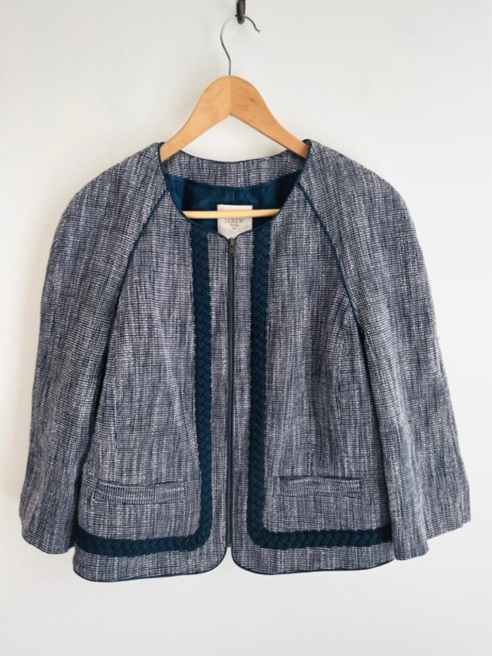 J. Crew Suiting Navy Tweed‎ Zip Front Blazer | Size 10
